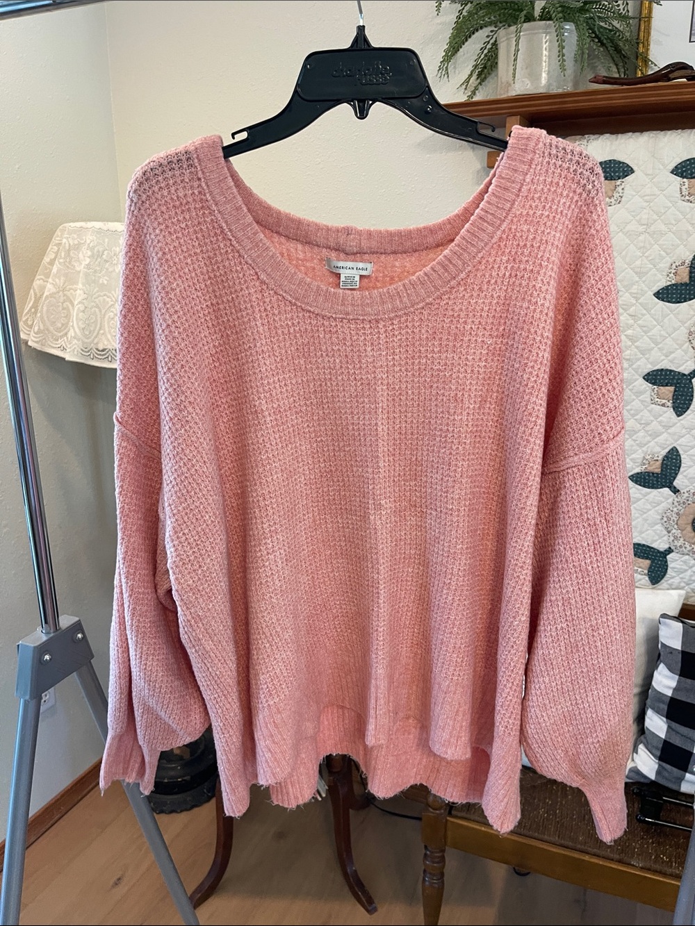 American Eagle Outfitters Soft Pink Waffle-Knit Scoop Sweater